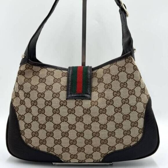 Authentic GUCCI GG Jackie Sherry Web Canvas Handbag Shoulder Bag Charm Ophidia - Picture 5 of 13